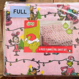 Dr. Seuss Grinch Christmas String Lights Pink FULL SIZE Cotton Flannel Sheet Set